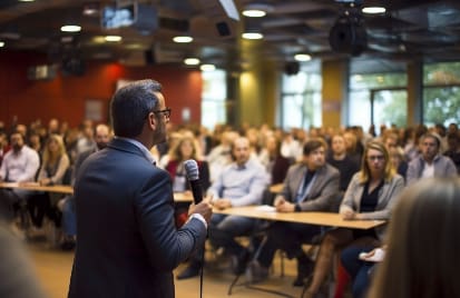 A man in a suit is giving a presentation.